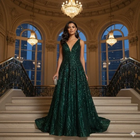 JVN Jovani 60641 Emerald Sequin Prom Ball Gown 6